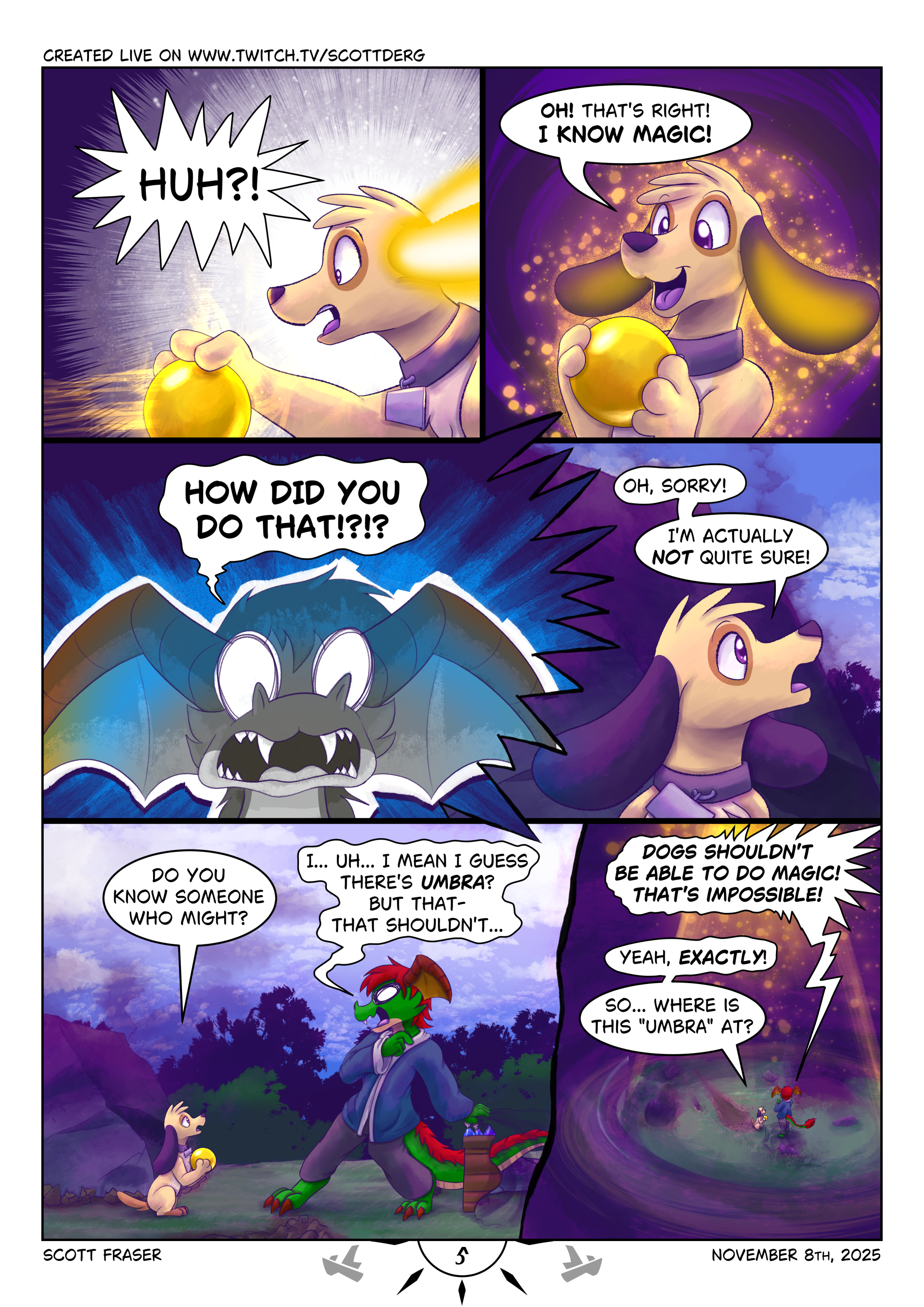 The yellow orb levitates towards the dog and lands on her paws, the green anthro dragon with red hair is shocked at the events ocurring to the point of being afraid. The dog seems to be calm, requesting something from the dragon.